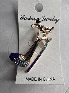 High Heels Shoe Brooch Pin Rhinestones New Purple Blue Gold Tone New 21p - Picture 1 of 5