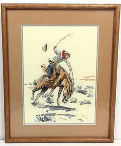 Vintage Framed Cross Stitch The Bucker Charles M Russell 1989 - 21" X 17” - Picture 1 of 3