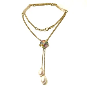 18K Yellow gold Natural multi gemstone pearl diamond dangle lariat necklace 9.5g - Picture 1 of 14