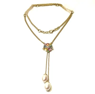 18K Yellow gold Natural multi gemstone pearl diamond dangle lariat necklace 9.5g - Image 1 of 4