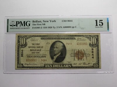 $10 1929 Belfast New York NY National Currency Bank Note Bill Ch. #9644 F15 PMG - Image 1 of 4