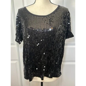 Michael Kors Sequin Top Party Cocktail Blouse Sparkle Black Women's L - Picture 1 of 5