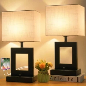 2 Table Lamps Fully Dimmable 19.5" Bedside Lamp with USB A+C Charging Ports - Picture 1 of 10