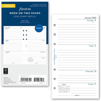 2026 Filofax Personal Size Refill 26-68418, Week on Two Pages, 95mm x 171mm
