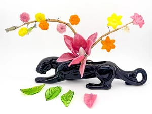READ Needs TLC Vintage MCM Atomic Black Cat Panther TV Lamp Light Glass Flowers - Picture 1 of 23