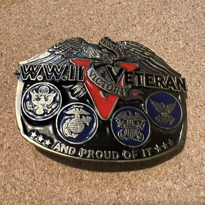 Vintage 1988 WW2 Veteran Belt Buckle Made In USA Red Blue Black - Picture 1 of 4