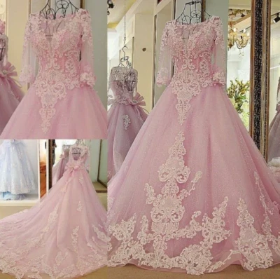 Pink Ball Gown Colorful Wedding Dresses: Beaded Lace Appliques Corset Back - Image 1 of 4