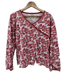 Green Cotton By Garnet Hill Red White Floral Long Sleeve V Neck Shirt Large - Picture 1 of 5