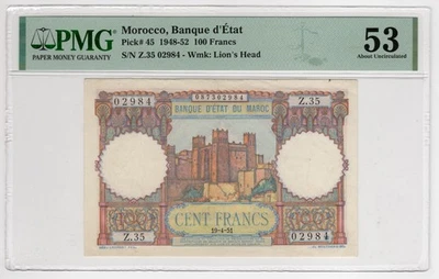 MARRUECOS Banco de Estado 100 Francos 1948-52 Pick#45 AU 53 PMG Detalles Billete Antiguo Foto 1 de 2