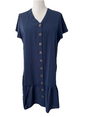 Women's Large SHIRT DRESS Dark Blue Ruffle Hem Short Cap Sleeves Button New NWOT - Image 1 of 4