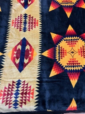 Native American Style 2 Ply Plush Reversible Blanket Size Twin/Full Black & Blue - Image 1 of 4