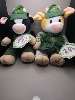 Marys Moo Moos John Deere Plush Beanie Cows 9” 1999 Set of 2 Boy & Girl Cow - Image 1 of 4