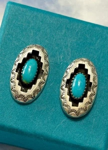 Navajo Renell Perry RP Sterling Silver Turquoise Shadowbox SunRays 925 Earrings - Picture 1 of 2