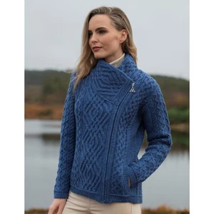 Chaqueta Suéter Aran Crafts Ireland Azul Lana Tejido con Cable Cremallera Lateral Talla XXS - Imagen 1 de 5