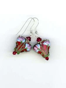 Dark rose lampwork glass heart/crystal artisan earrings Birdsongjewelry - Picture 1 of 1