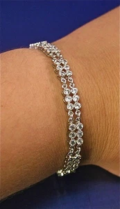STERLING SILVER BRACELET 2 ROWS ROUND WHITE CZ WITH CHAIN LINKS, 7.25"L .25" W - Picture 1 of 4