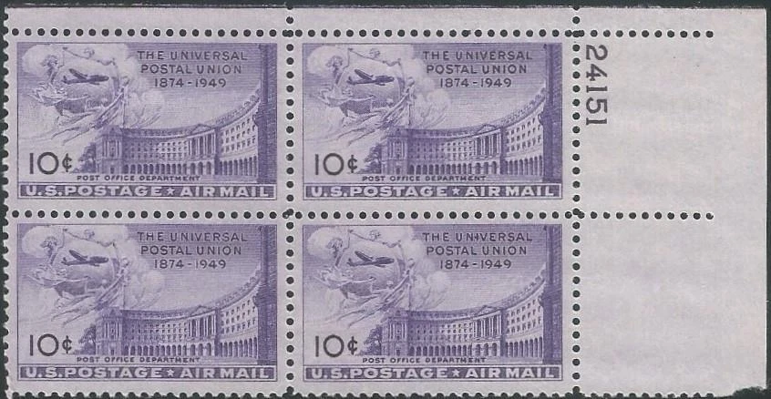 Plate Block of 4 - Scott C42 - 10 cent - Air Mail - Postal Union - 1949 - MNH - Image 1 of 1