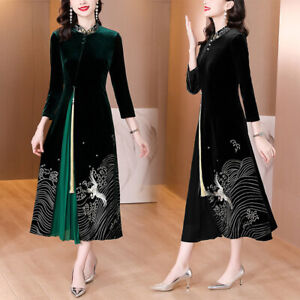 Womens Embroidery Velvet Floral Stand Collar Cheongsam Pleated Patchwork Dress