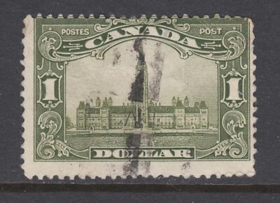 Canadá Sc 159 usado. Parlamento verde oliva de $1 de 1928, pocos perfs cortos Foto 1 de 2