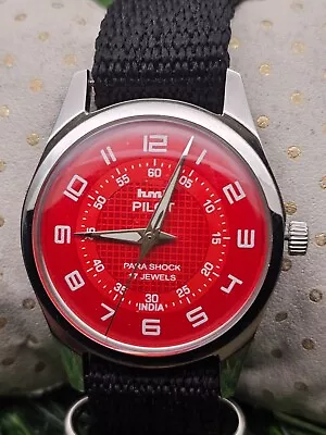 Beautiful Mens HMT Pilot Parashock Mechanical Wind 17J Watch Red Dial - Image 1 of 4