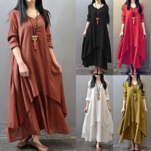 Women Solid Casual Kaftan Gypsy Maxi Dress Ladies Cotton Linen Long Sleeve Dress - Picture 1 of 12