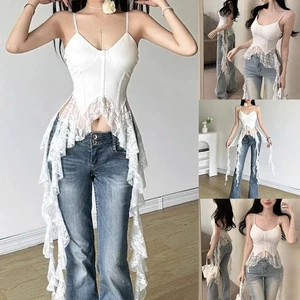 Stylish Ladies' Summer Top with Ruffles and Lace Irregular Slim Fit Gothic Look - Picture 1 of 29