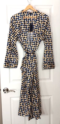 Fable & Eve Geo Print Dressing Gown Long Robe Women's S/M UK Size 12 Blue Gold - Image 1 of 4