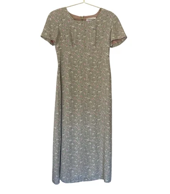 Vintage Petite Sophisticate Maxi Dress 100% Silk Sz 2P Green Floral Cottage 90s - Image 1 of 4