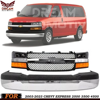 Front Bumper Chrome & Headlight Kit For 2003-2023 Chevy Express 2500 3500 4500 - Imagem 1 de 4