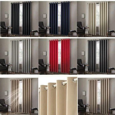 Pair of EYELET Ring Top Plain Thermal BLACKOUT LINED Curtains with Tie Backs - Image 1 of 4