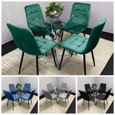 Modern Glass Dining Table Set with 4 Velvet Chairs Dining Room Furniture Set - Image 1 of 4