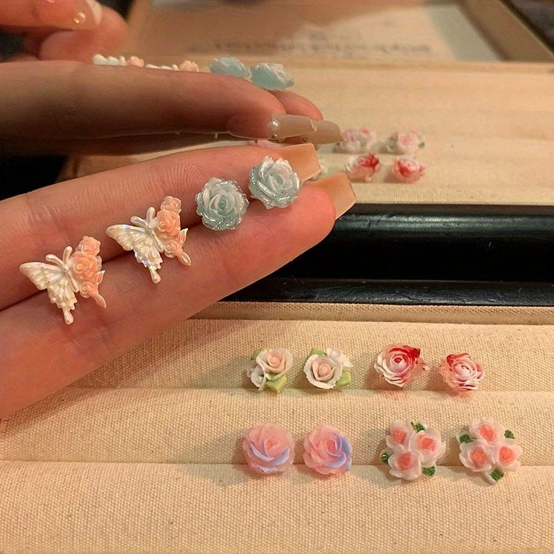 Женские цветной смолы цветок бабочка уха гвоздики комплект сладкие серьги ювелирные изделия  - Изображение 1 из 4