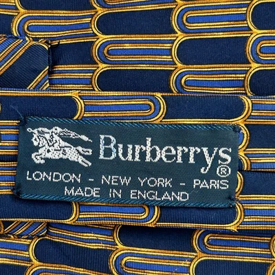 Burberrys винтажный шелковый галстук темно-синий золотой геометрический узор сделано в Англии - Изображение 1 из 4