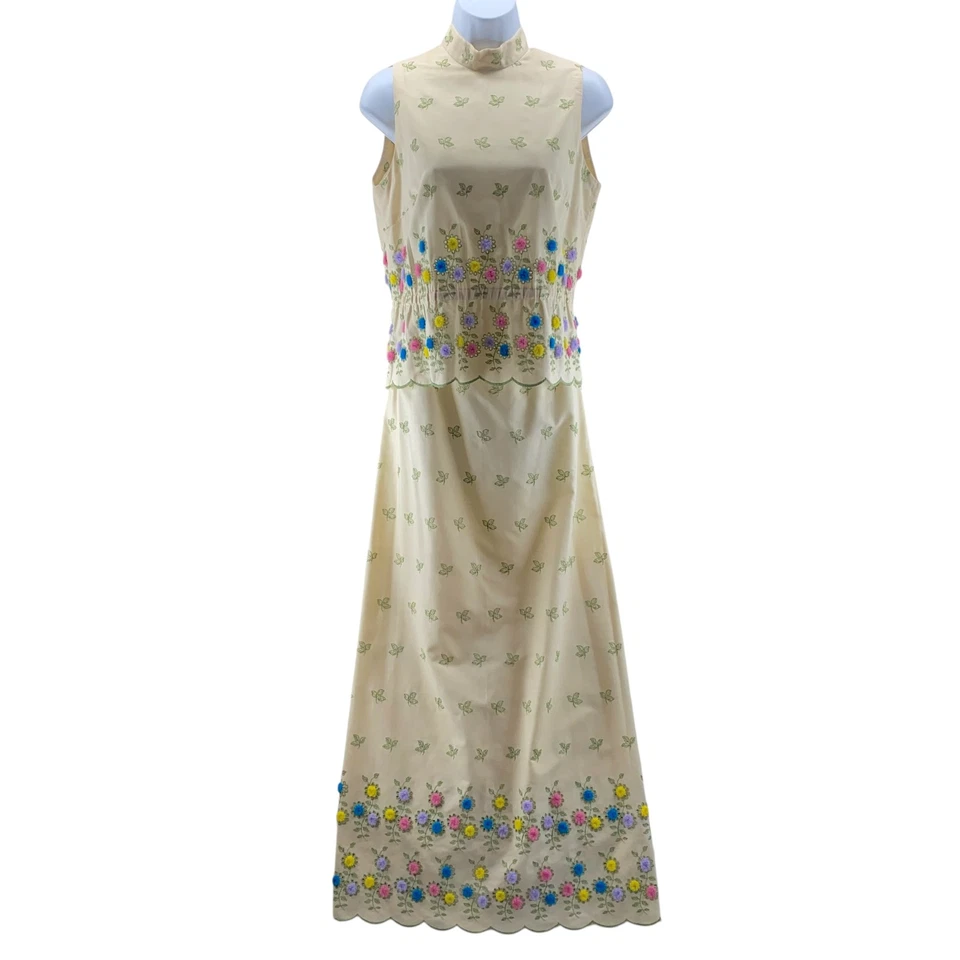 Vintage Bonwit Teller Skirt Set Medium Beige Green Eyelet Lace Leaves Pom Poms - Image 1 of 4