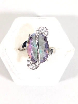 Purple Green Oval Stone Mock Wire Wrap Solitaire Cocktail Ring Size 8 - Image 1 of 4