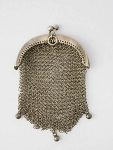 Antique Art Deco chainmail mesh 800 silver tassel fringe ball coin purse pendant - Picture 1 of 5