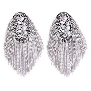 1 Pair Silver Tassel Epaulet Rhinestone Shoulder Board Costume Badge Decor - Picture 1 of 11