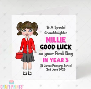 Personalised Girls First Day in Year 1 2 3 4 5 6 School Card Good Luck Card - Picture 1 of 3