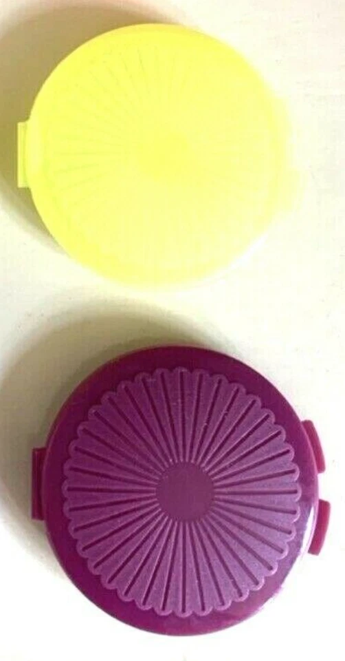 2 Tupperware Clamshell Round Pill Keeper Containers Yellow & Mulberry New - Image 1 of 1
