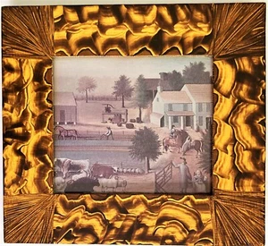 PRINT OF A FOLK ART STYLE FARM SCENE IN A BEAUTIFULLY HAND GRAIN-PAINTED FRAME - Picture 1 of 10