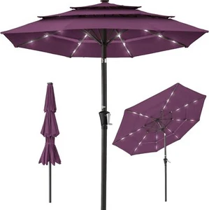 10ft 3-Tier Solar Patio Umbrella, Outdoor Sun Shade with 24 LED Lights - Picture 1 of 7