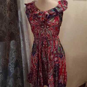 Lauren Women's Size M Red Paisley Pullover Ruffle Neck Sleeveless Belted Dress - Picture 1 of 6