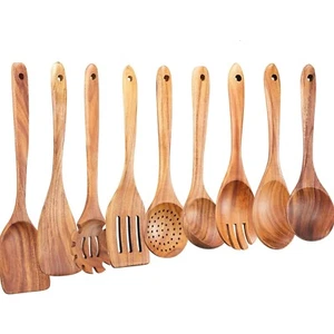 Durable Teak Wooden Cooking Utensils Set - 9 PCE, Heat-Resistant Finest Quality - Picture 1 of 9