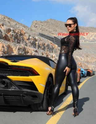 SUPER ULTRA HOT Leggy "Latex" Car Babe and Yellow "Lambo" "Pin-UP" PHOTO! #(774) - Image 1 of 2