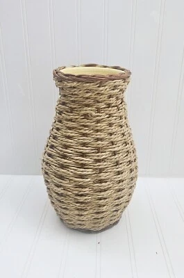 Jarrón de mesa vintage de cerámica tejida de ratán y mimbre de 11" Foto 1 de 4