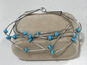 Vintage Native American Sterling 925 Liquid Silver Turquoise Bracelet Sz 7.5" - Picture 1 of 8