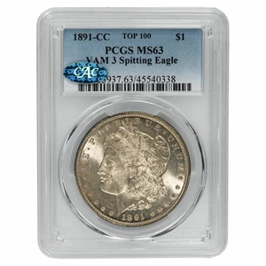 1891CC Morgan Silver Dollar $1 VAM 3 Spitting Eagle TOP 100 PCGS MS 63 CAC - Picture 1 of 4