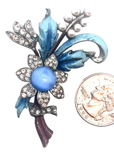 RARE Vintage Coro G. Verrecchio Enameled & Rhinestone INset Flower Brooch - Picture 1 of 3