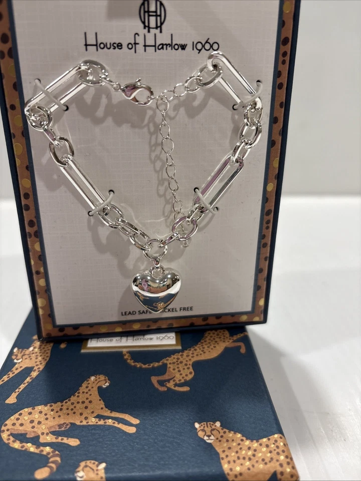 House Of Harlow 1960 Clip de Papel Eslabón Ovalado Pulsera de Cadena de Plata con Dije de Corazón Foto 1 de 4