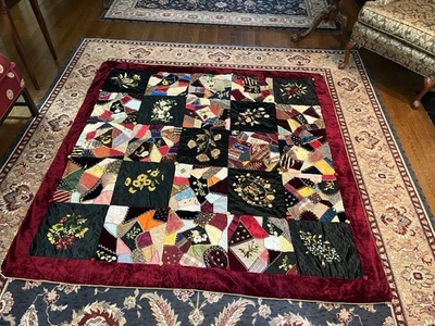 SIGNED W or M Horse Shoe Silk  Embroidered Quilt Patchwork Sampler Crazy Antique - Image 1 of 4